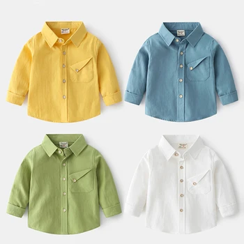 2-8Y Baby Boys Рубашка Детская блузка Весна Осень Мода Конфетный цвет Лацкан С длинным рукавом Тонкая рубашка для детей Повседневная детская одежда