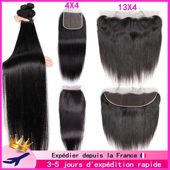 30 32-дюймовые прямые пучки с кружевом 13x4 фронтальное бразильское плетение волос с застежкой 4x4 предварительно выщипанное наращивание волос Remy