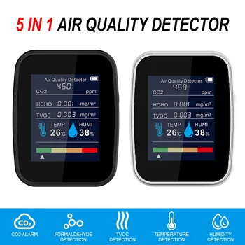 5 в 1 Детектор качества воздуха CO2 HCHO TVOC Датчик температуры и влажности Тестер Монитор качества воздуха для автомобиля Спальня Офис