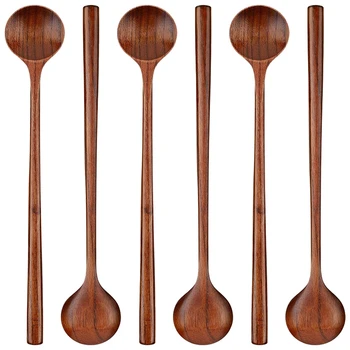 6 штук Деревянные длинные ложки Круглые ложки с длинной ручкой Ложки для супа в корейском стиле для приготовления супа Смешивание Перемешивание Кухня