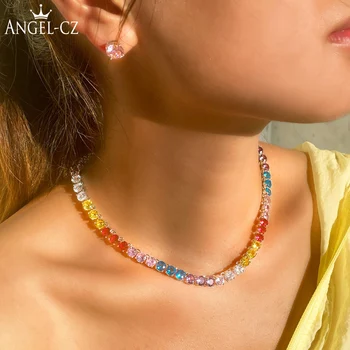 ANGELCZ Bling Fashion CZ Stone Daily Party Jewelry Pave Round Rainbow Crystal Simple Choker Ожерелье Серьги Набор для леди AJ227