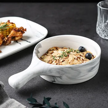 ANTOWALL-Nordic Мраморная чаша для гриля с ручкой, керамическая десертная миска для салата, термостойкая кухонная посуда, миска для запекания для духовки