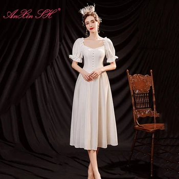 AnXin SH принцесса белый атлас французский ретро милый пышный рукав пуговица короткое вечернее платье невесты маленькое белое платье 16071