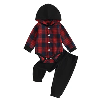 Baby Boy 2 шт. Наряд Клетчатый комбинезон с капюшоном с длинным рукавом и эластичные брюки Комплект Осень Весна Одежда 0-24Месяц