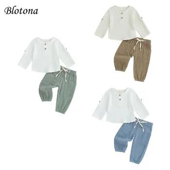 Blotona Baby Kids Boys Одежда из 2 предметов, футболка с длинным рукавом и круглым вырезом с эластичной талией, длинные брюки, осенний наряд 6 месяцев-4 года