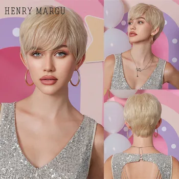 HENRY MARGU Короткие платиновые светлые парики для женщин Парик с челкой Естественно выглядящий для ежедневного использования волос Термостойкое волокно