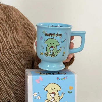Kawaii Ins Cafe Послеобеденная чайная чашка Мода Милый щенок Керамическая кружка Персонализированная синяя кофейная чашка с молоком Мультфильм Счастливая собака Кубок Подарок