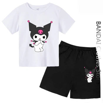 Kawaii Kuromi Футболка для девочек Мода Мальчик Хлопок Одежда Аниме Мультфильм Дети Чистые Мужчины Женщины Hello Kitty Комплекты футболок Повседневная одежда