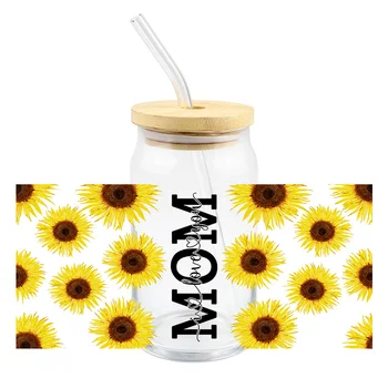 Mom UV DTF Transfer Sticker для обертывания стеклянных чашек DIY In Love You Sunflower Водонепроницаемый Высокотемпературная стойкость Пользовательские наклейки