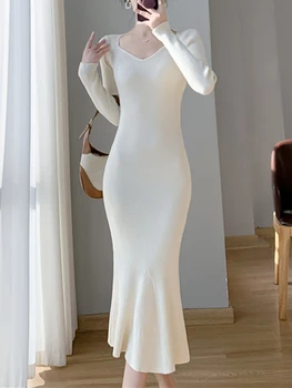 Белые трикотажные длинные платья Женщины Французское элегантное облегающее платье-свитер с V-образным вырезом Женское осень-зимнее тонкое платье с длинным рукавом