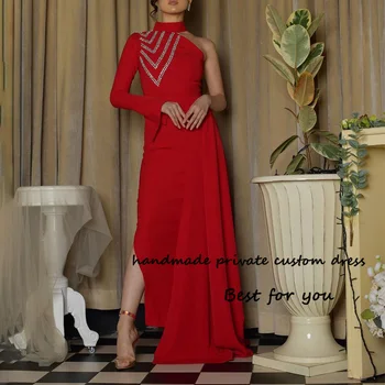 бордовый Вечерние платья с одним рукавом для женщин Бисер Атлас с высоким воротником Дубай Арабское выпускное платье с разрезом Длина до пола Вечерние платья