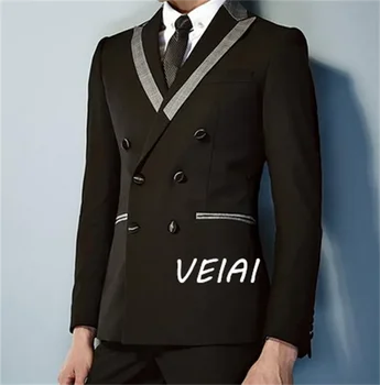 Двубортный черный формальный смокинг жениха для свадьбы с серым остроконечным лацканом Slim fit 2 шт. Изготовленные на заказ мужские костюмы Мужская мода