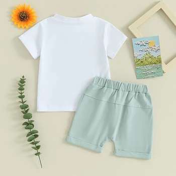  Детские летние наряды для мальчиков Красочные футболки с круглым вырезом и коротким рукавом с принтом букв и эластичные шорты на талии 2 шт. Набор одежды