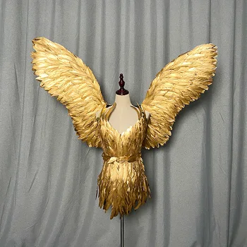 Золотой костюм на Хэллоуин с крыльями ангела для женщин Самба Карнавальное шоу Фотография Платье для вечеринки ручной работы Причудливый рейв-наряд 2023