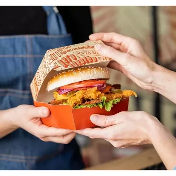 Индивидуальный продуктИзготовленный на заказ одноразовый пищевой картон для гамбургеров Упаковка на вынос Крафт-бумага Раскладушка Коробка для бургеров