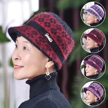 Классические осенне-зимние шапки для женщин теплые шерстяные элегантные вязаные шапки старой леди шляпы женские волосы кролика ветрозащитная бархатная шапка