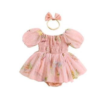  Младенцы Девочки Цветочная вышивка Комбинезон Платье Короткие рукава Тюль Комбинезон с бантом Оголовье