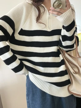 Модные женские свитера 2023 осень зима черный белый полосатый свитер оверсайз свободный пуловер на молнии вязаная водолазка для женщин