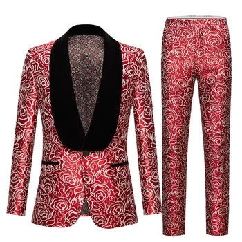 Модный мужской красный жаккардовый костюм Набор из 2 предметов 2023 Новый мужской свадебный выпускной вечер Пиджаки и брюки