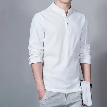 Мужские льняные рубашки Однотонные блузки с длинным рукавом и воротником на пуговицах Корейский стиль Harajuku Дышащий крой Деловые пуловеры