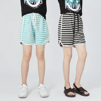  Новые летние повседневные шорты для девочек с эластичной линией талии со шнурком Подростковые пляжные шорты в полоску для одежды в возрасте 4-13 лет