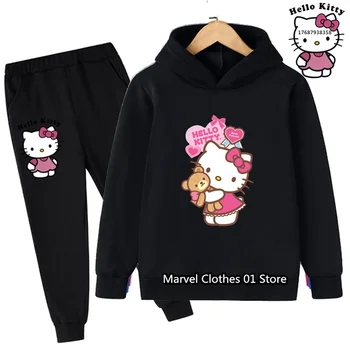 Новый спортивный пуловер Kawaii Sanrio Hello Kitty Симпатичная аниме толстовка с капюшоном для девочек пальто + брюки 2P Мальчики 3-14Y Подарок на день рождения Повседневный набор для бега трусцой