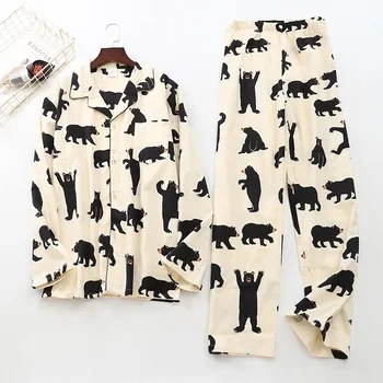 Осень Повседневная Мода Животные Пижамы Милый Белый Медведь 100% Матовый Хлопок Мужчины Пижамы Комплекты Домашняя одежда Сексуальная Пижама