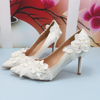 Острый носок Белый Высокий Каблук Цветок Свадебные туфли Невеста Дамы высокие Неглубокие туфли Женщина Модная платформа Вечеринка Платье Обувь Женщины
