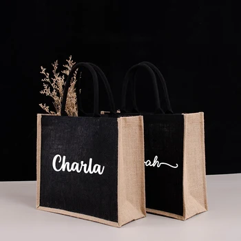 Персонализированная черная сумка из мешковины, пользовательские сумки для подружек невесты, пляжная сумка с монограммой и именем, свадебная сумка на заказ