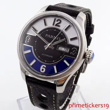Простые мужские часы PARNIS 42 мм, неделя, дата, синий и белый циферблат, сапфировое стекло, механизм с автоподзаводом, кожаный ремешок 411