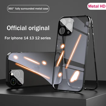 Роскошный алюминиевый металлический двусторонний прозрачный чехол HD Glass для iPhone 14 13 12 11 Pro Max 360 ° Полная защита от ударов в бухте