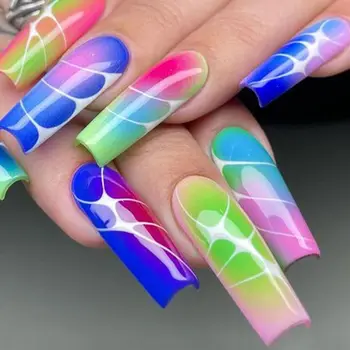  Супер длинные накладные ногти Мода Красочные Streamlines Кальян Кончики для ногтей Французский съемный пресс на ногтях Женщины Девушки