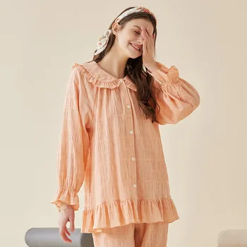 хлопковый женский пижамный комплект сексуальный воротник из листьев лотоса домашняя одежда однотонная пижамные брюки из двух частей Домашняя одежда Пижамы