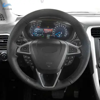 Чехол на рулевое колесо с ручной оплеткой для Ford Mondeo Fusion 2013 - 2019 EDGE 2015 2016 2017 2018 Черная перфорированная кожа из микрофибры