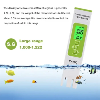 1 шт. TDS / EC / соленость / S.G. / Измеритель соли температуры Цифровой тестер качества морской воды 5-в-1 Зеленый пластик для бассейнов Изображение 2