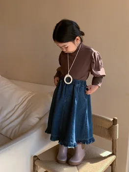 2023 Осень Новый корейский стиль Девочки Джинсовые юбки Ретро Повседневные оборки Малыши Детская шикарная юбка Изображение 2