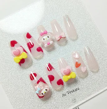 24 шт./коробка Kawaii My Melody Sanrio Съемные накладные ногти Аниме Мода Искусственные ногти Красота Носимый Пресс На Ногтях Изображение 2