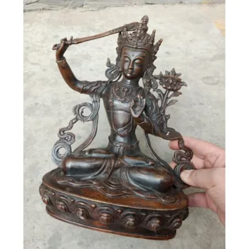 30см Буддизм Старомодная бронзовая статуя ручной работы Статуя Будды Бодхисаттва Изображение 2