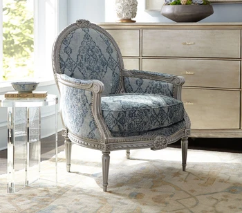 American Light Luxury Silver Антикварный состаренный резной диван Врезной и шипованный французский тканевой стул с крыльчатой спинкой Изображение 2
