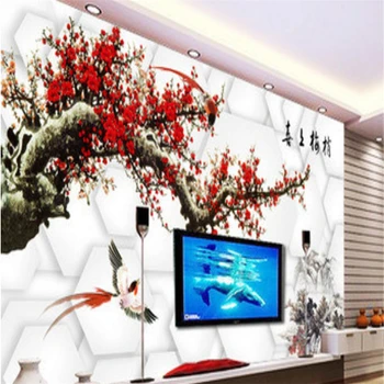 beibehang Пользовательские фотообои Настенная наклейка Китайская живопись Слива 3D 3D ТВ Стены papel de parede обои для стен Изображение 2