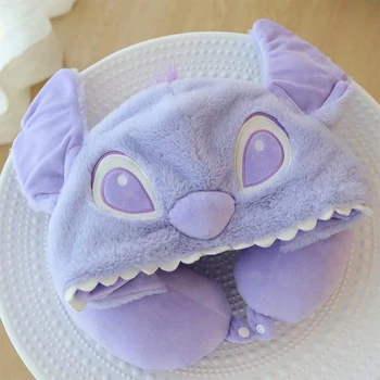 Disney Stitch Ширли Мэй Защита шеи U-образная подушка Портативная с капюшоном Симпатичный дальний самолет Авто Дорожная шляпа Изображение 2