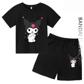 Kawaii Kuromi Футболка для девочек Мода Мальчик Хлопок Одежда Аниме Мультфильм Дети Чистые Мужчины Женщины Hello Kitty Комплекты футболок Повседневная одежда Изображение 2