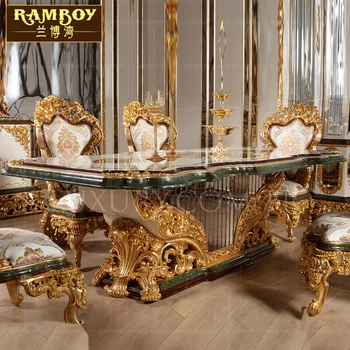 европейский массив дерева резные роскошные обеденные столы и стулья французская дворцовая вилла роскошный стол с золотой фольгой на заказ Изображение 2