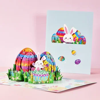 Забавные пасхальные всплывающие открытки 3D Корзина для яиц кролика Поздравительная открытка День рождения для детей Мама Папа Семья Изображение 2
