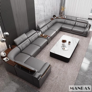 Итальянский кожаный диван премиум-класса с подстаканником, USB, регулируемыми подголовниками и динамиком Bluetooth - MANBAS Диваны для гостиной Изображение 2