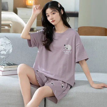 летние пижамные комплекты хлопковые женские корейские шорты с короткими рукавами женские большие спортивные домашние одежды оптовая повседневная домашняя одежда Изображение 2