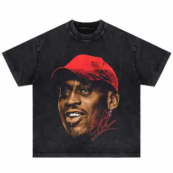 Мужская повседневная футболка оверсайз Винтаж Хлопок Dennis Rodman Портретная футболка с графическим принтом 2024 Хип-хоп мужская футболка с большим лицом Изображение 2