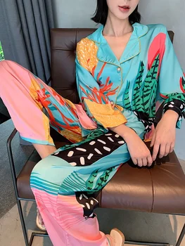 Новый атласный пижамный комплект весна-лето домашний костюм с брюками женский пижамный костюм с принтом шелковый пижамный комплект для женской пижамы Изображение 2