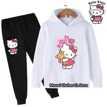 Новый спортивный пуловер Kawaii Sanrio Hello Kitty Симпатичная аниме толстовка с капюшоном для девочек пальто + брюки 2P Мальчики 3-14Y Подарок на день рождения Повседневный набор для бега трусцой Изображение 2