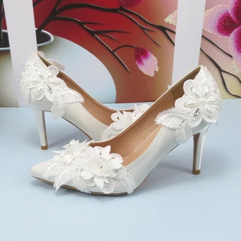 Острый носок Белый Высокий Каблук Цветок Свадебные туфли Невеста Дамы высокие Неглубокие туфли Женщина Модная платформа Вечеринка Платье Обувь Женщины Изображение 2